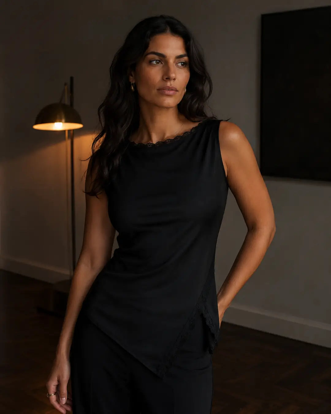 Asymmetric Lace Top - Black