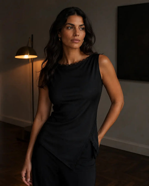 Asymmetric Lace Top - Black