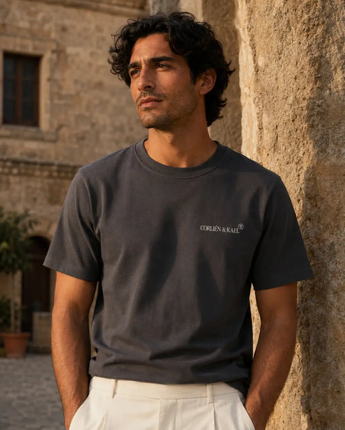 Essential Logo Tee Heather Grey front — CORLIÉN & KAEL