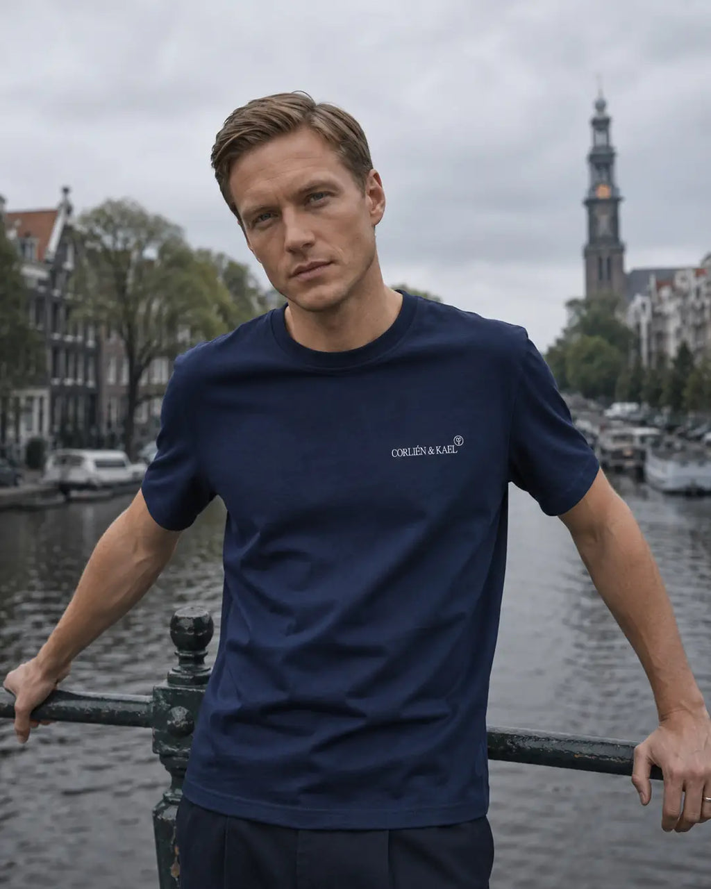Essential Logo Tee Navy detail — CORLIÉN & KAEL