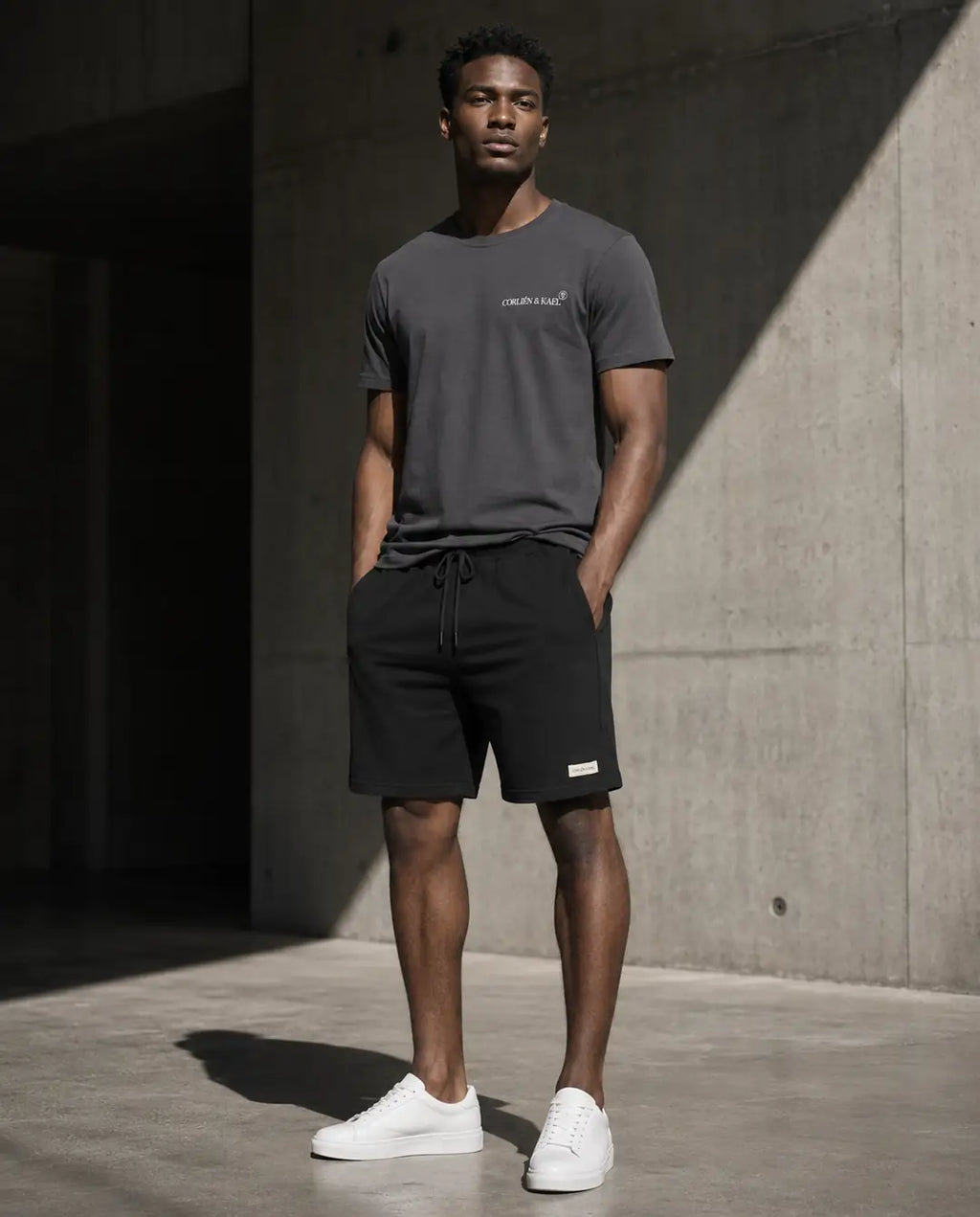 Essential Sweat Shorts Black front — CORLIÉN & KAEL