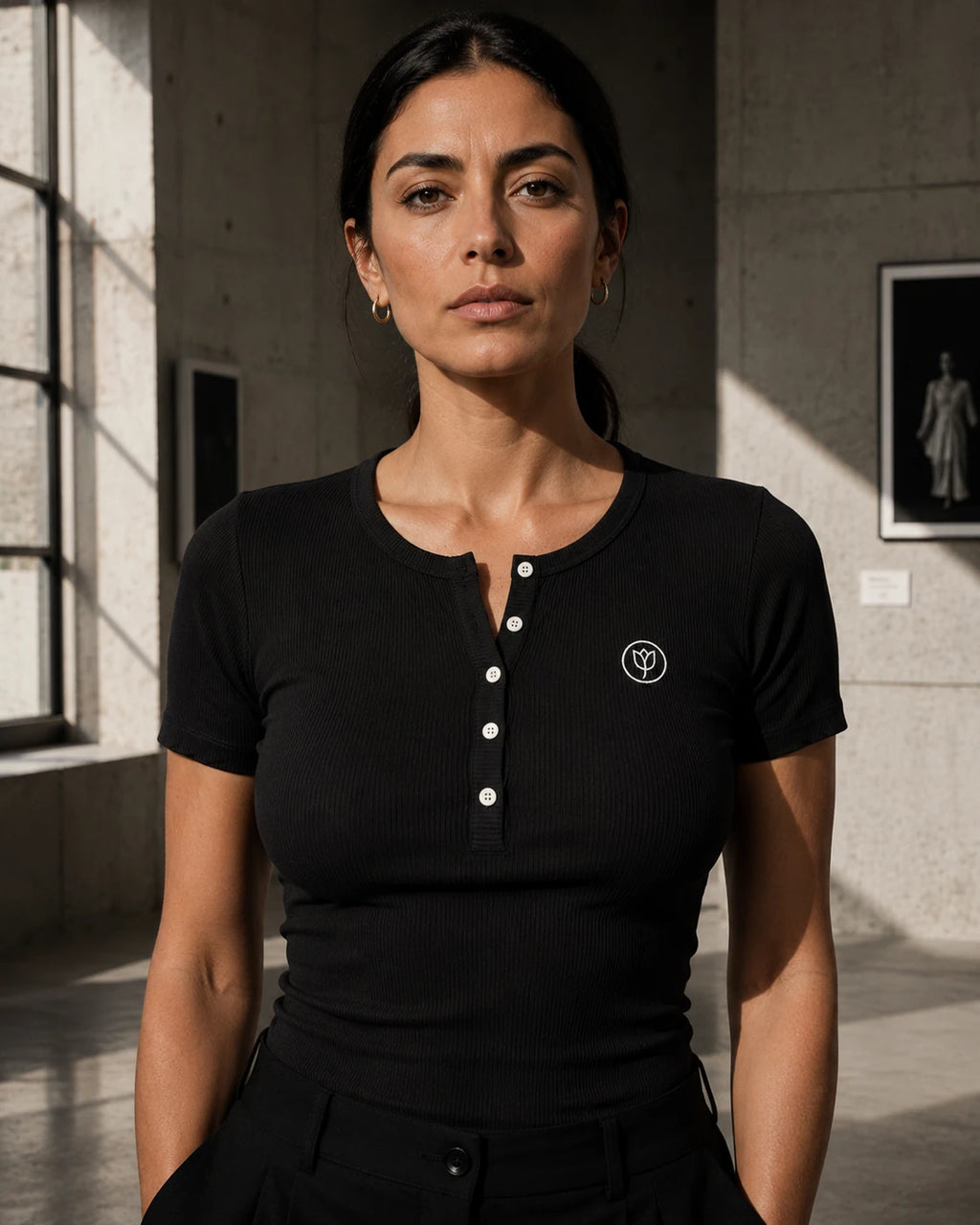 Ribbed Henley Top - Black