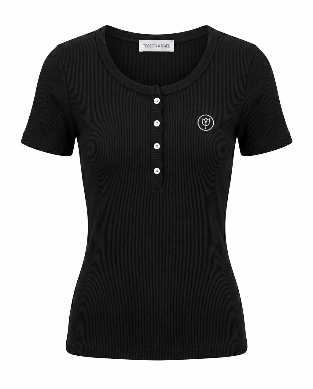 Ribbed Henley Top - Black
