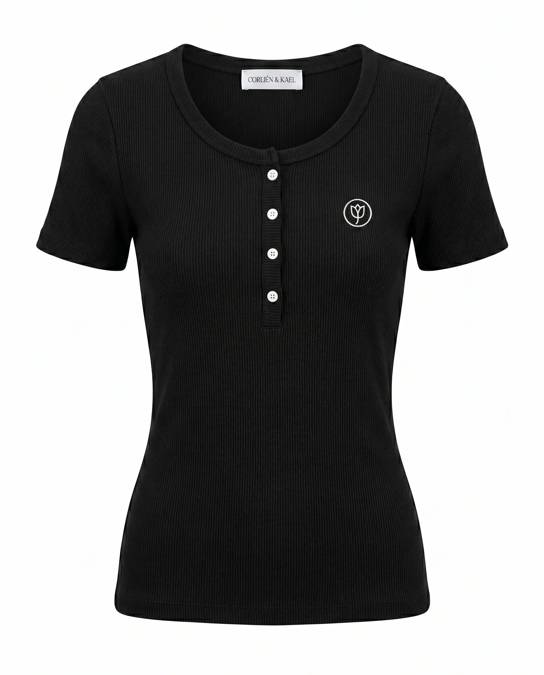 Ribbed Henley Top - Black