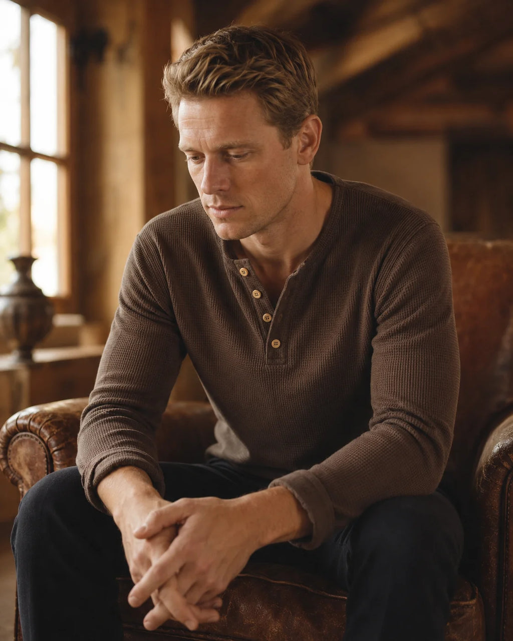 Long Sleeve Waffle Henley - Mocha
