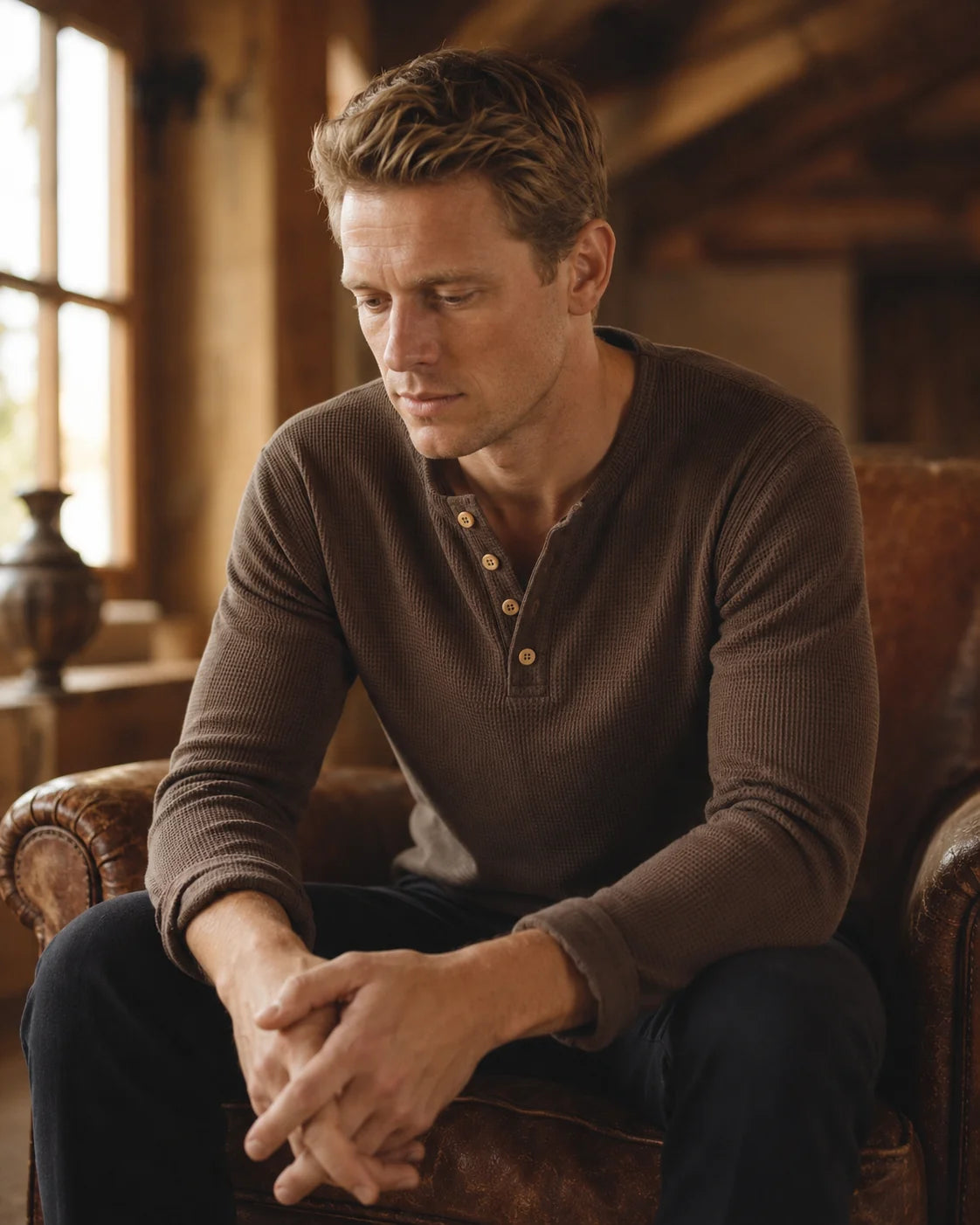 Long Sleeve Waffle Henley - Mocha