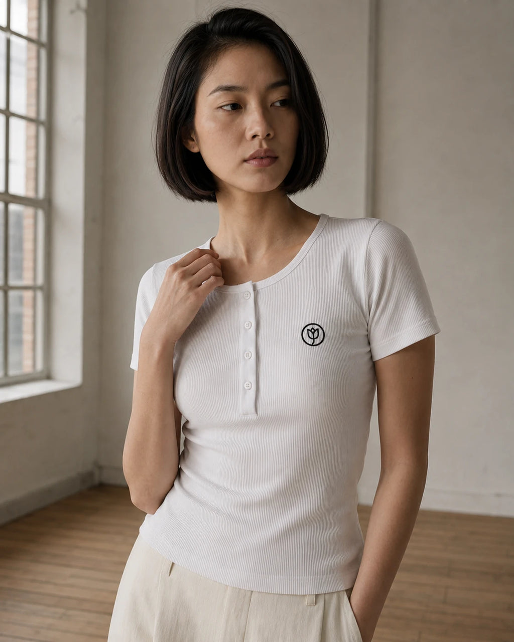 Ribbed Henley Top - White