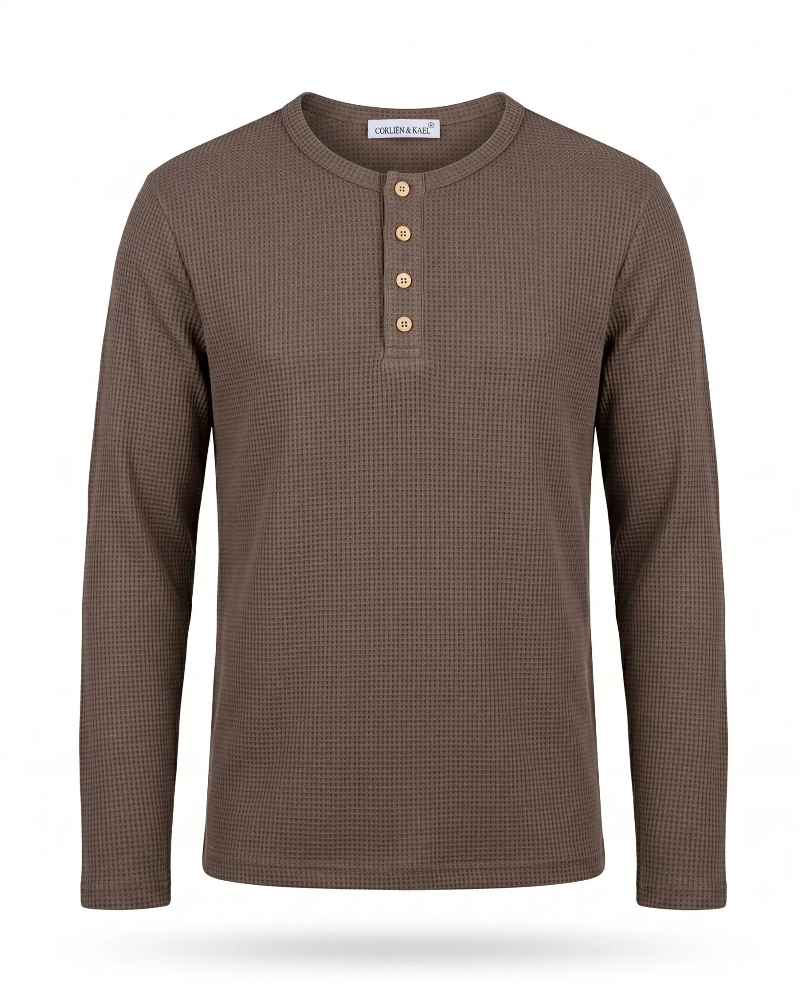 Long Sleeve Waffle Henley - Mocha - CORLIÉN & KAEL
